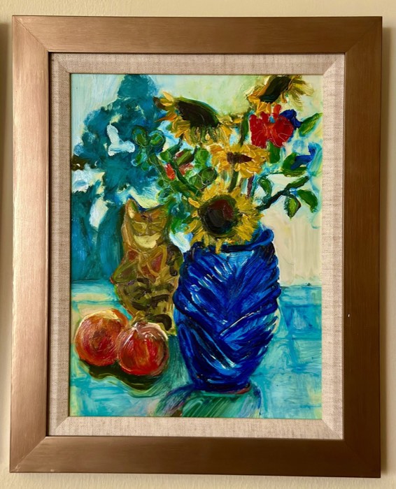 Blue Vase, Sunflowers & Cat