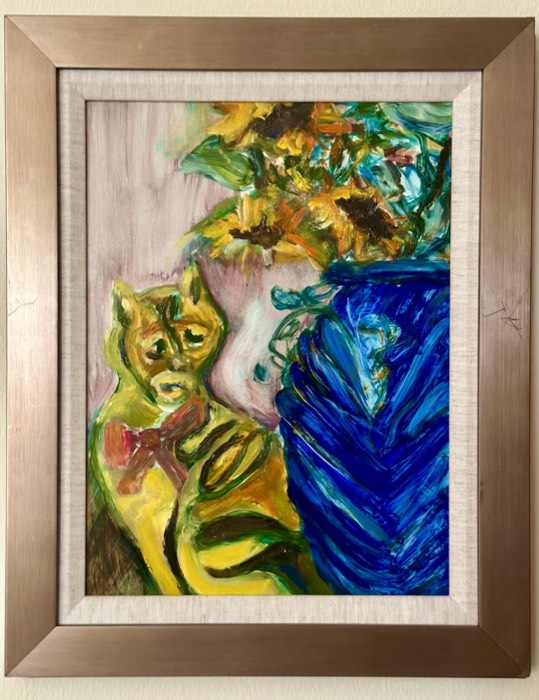 Blue Vase Sunflowers Cat