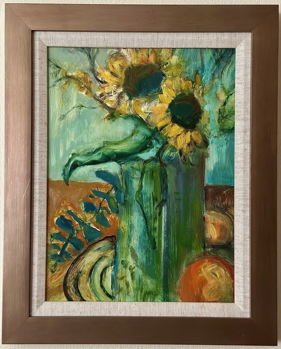 Two Sunflowers In Green Vase