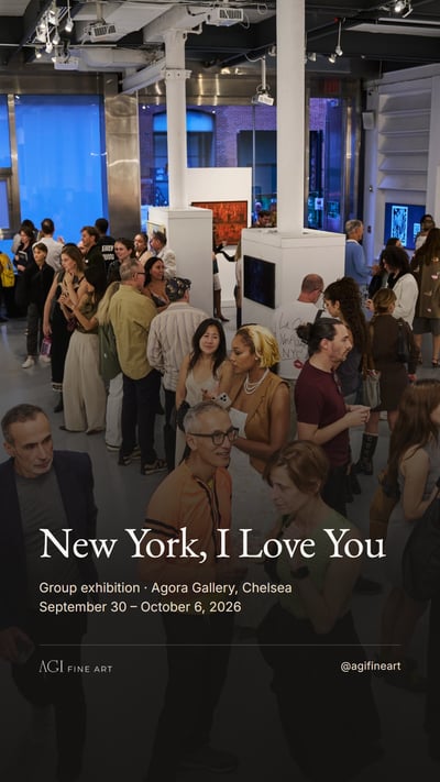 The story image: New York, I Love You, its dates and the AGI Fine Art wordmark over a photo from the opening