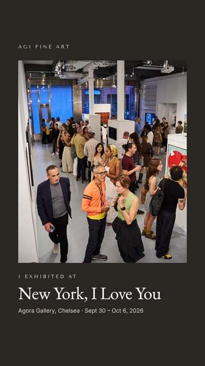 The story image: "I exhibited at New York, I Love You" over a photo from the opening