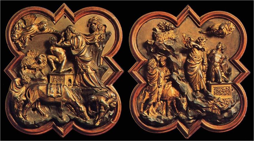 The competition entries from Ghiberti (right) and Brunelleschi (left), on display at the Bargello.