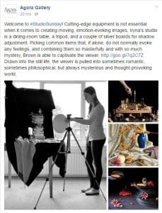 Studio Sunday post on Agora Gallery's facebook page