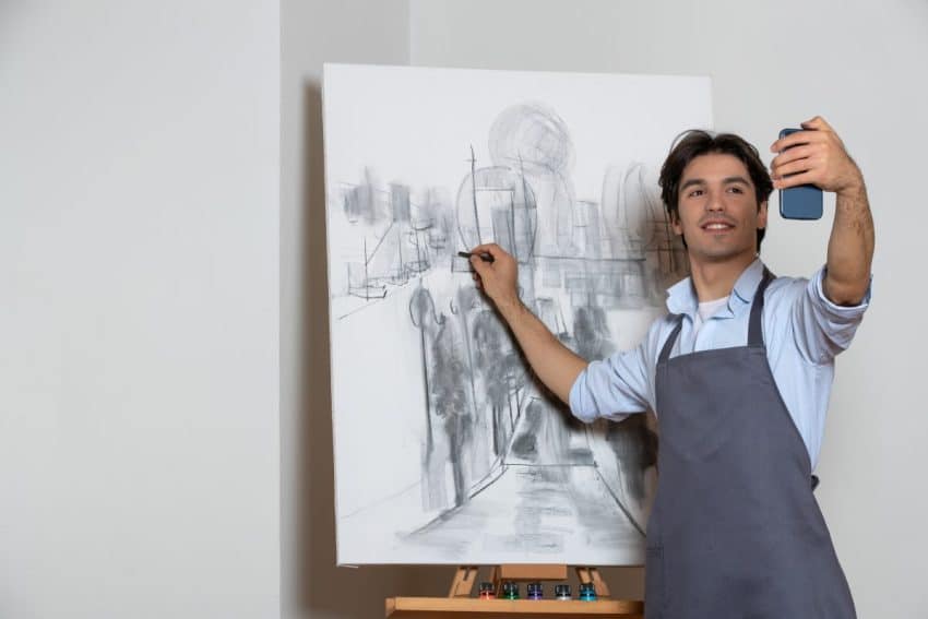 male artist taking selfie with his black and white painting white background drawing art