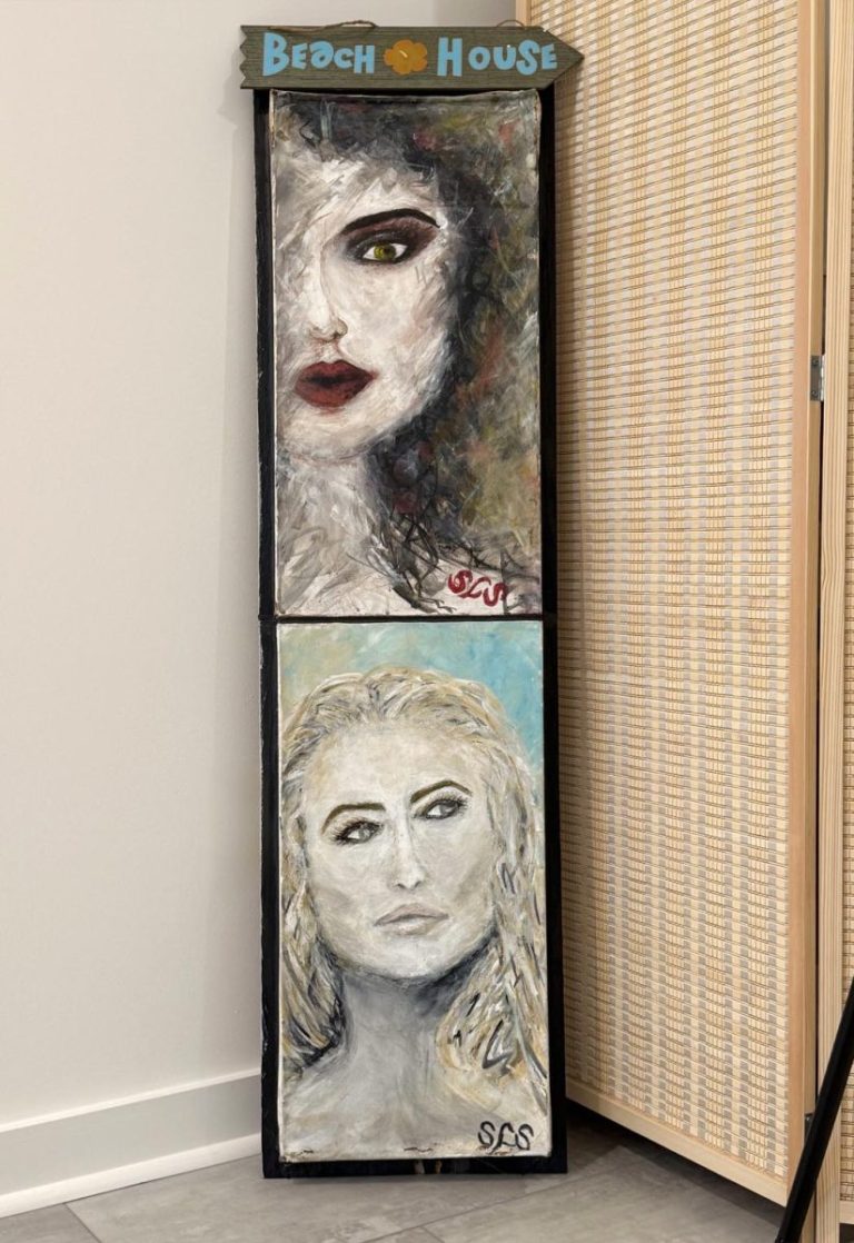 Sherri Springer’s “Beach House” display with sentimental paintings in her home studio.