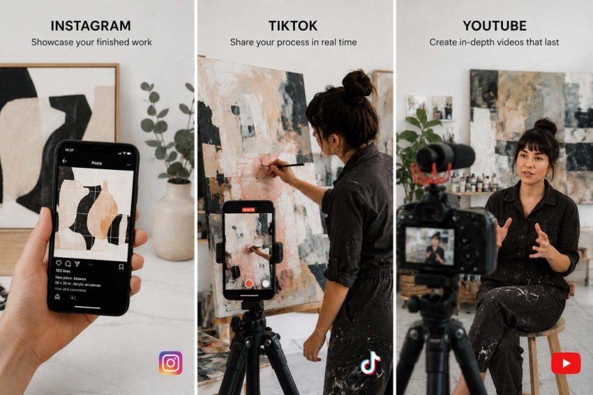 Three-panel illustration showing how artists use Instagram, TikTok and YouTube platforms.