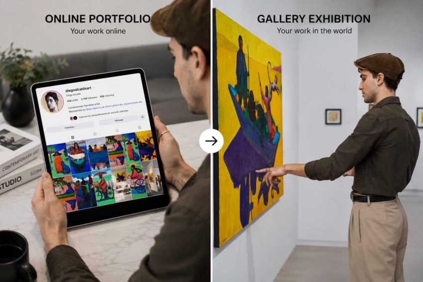 Artist's Instagram portfolio compared with a gallery exhibition, showing how social media serves as a professional portfolio for emerging artists.