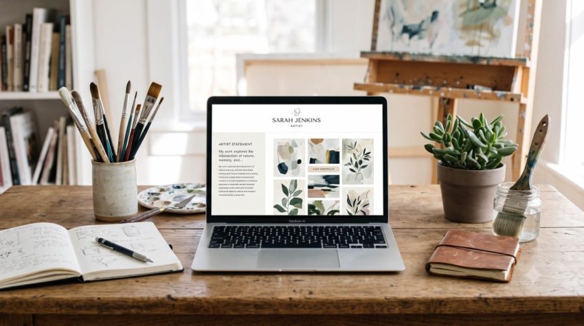 An artist’s studio desk with a central laptop displaying a portfolio website.