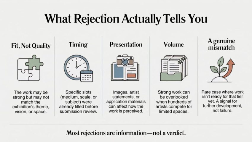 Infographic explaining what art rejection actually tells artists.