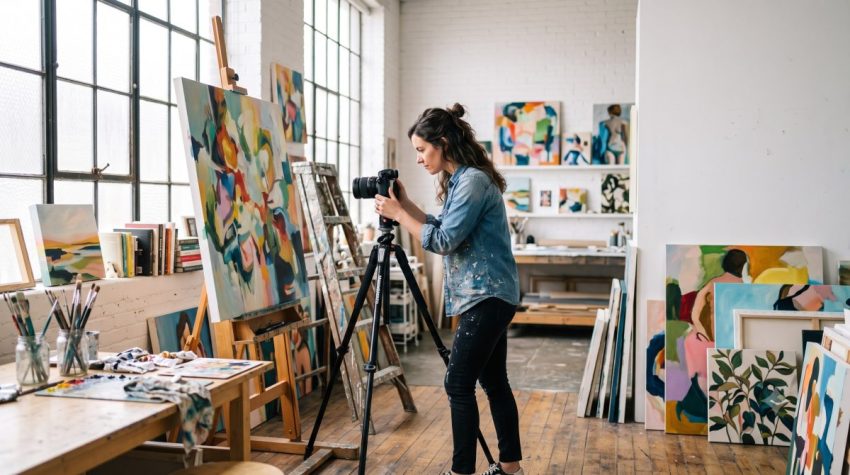 A female artist photographing her colorful abstract painting in her studio.