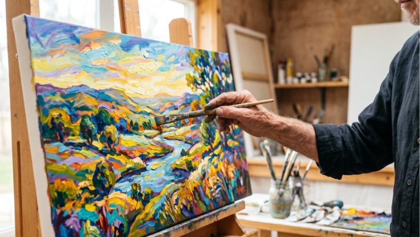 Mature artist painting a colorful landscape in a studio, representing a second-career art practice.