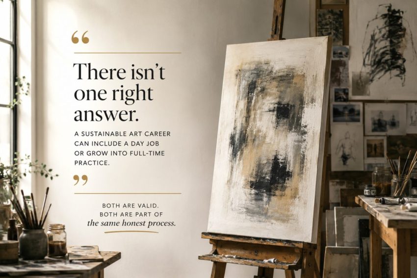 Abstract painting on an easel in an art studio with inspirational text overlay.