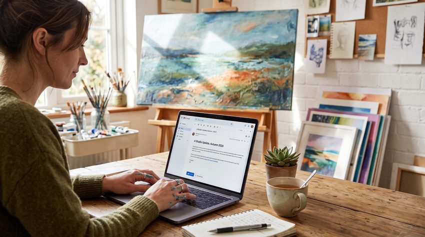 An artist writing an email newsletter update on a laptop, with paintings and art supplies in the background.