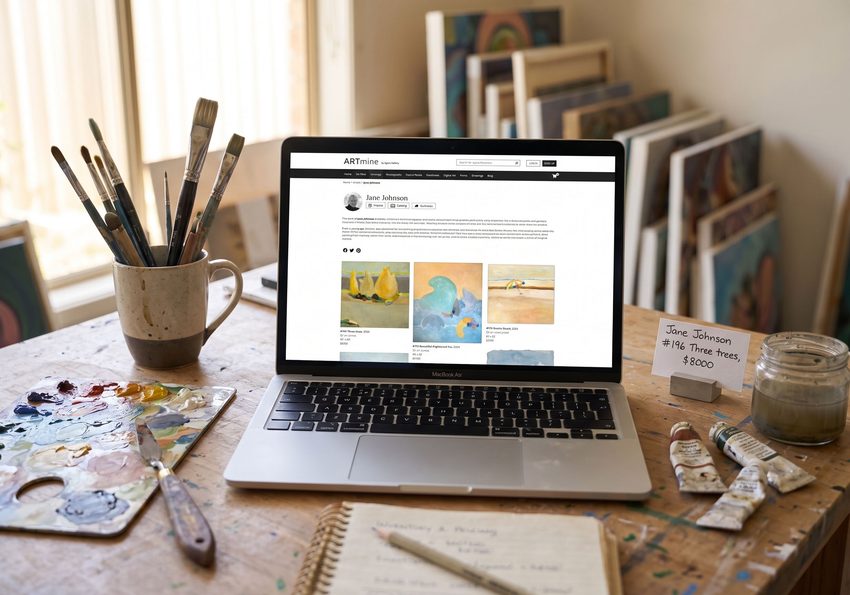 Laptop on an artist's desk displaying the ARTmine page with visible prices.