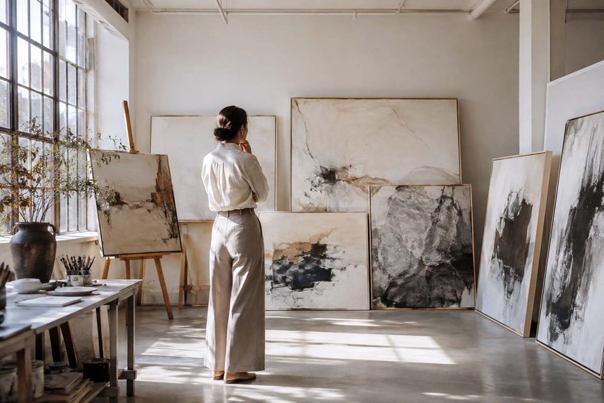 An artist standing in a sunlit studio, thoughtfully evaluating large abstract paintings displayed around the room.