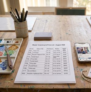 Artist desk showing art price list, smartphone, palette, and brushes.