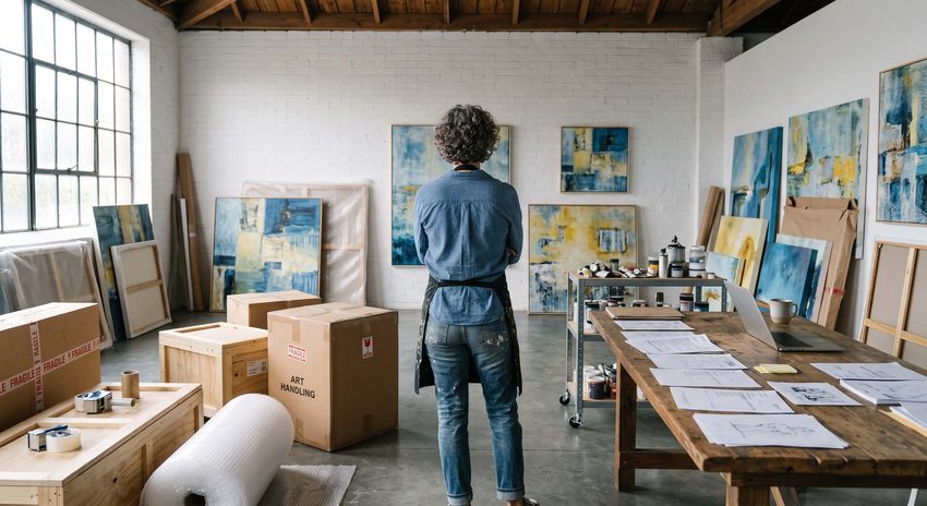 An artist standing in a busy studio surrounded by packed shipping boxes, art supplies, and papers, evaluating her work amid the demands of exhibition prep.