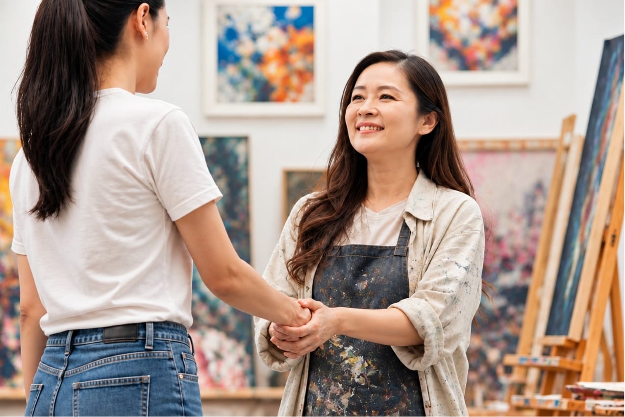 Artist shaking hands with a collector in an art studio after discussing an artwork sale