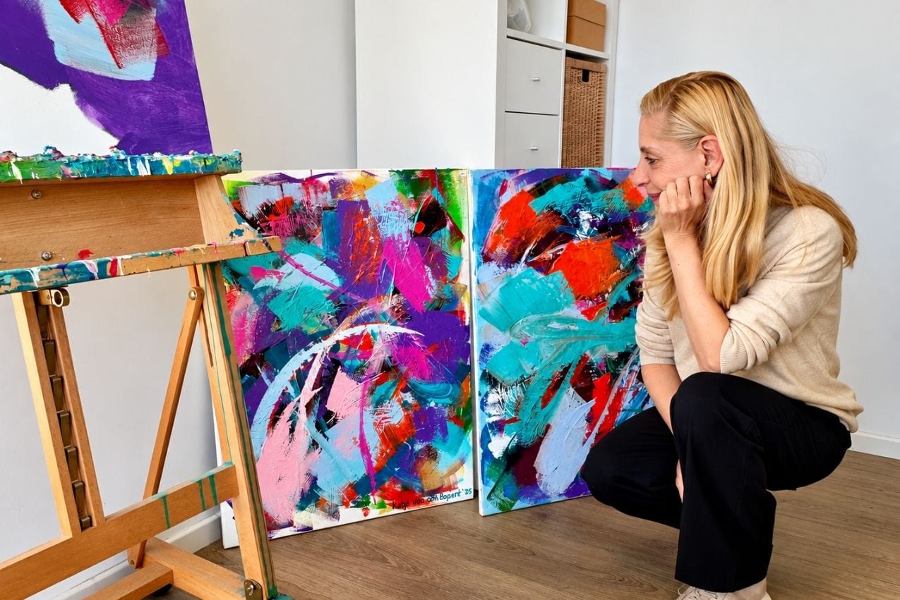 Artist Katja van den Bogaert reflecting on her abstract paintings in the studio.