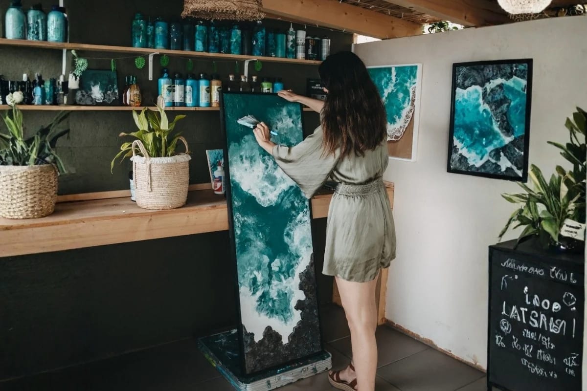 Artist Carolina Pixel working on a large ocean-themed painting in her studio, with finished works displayed on the walls