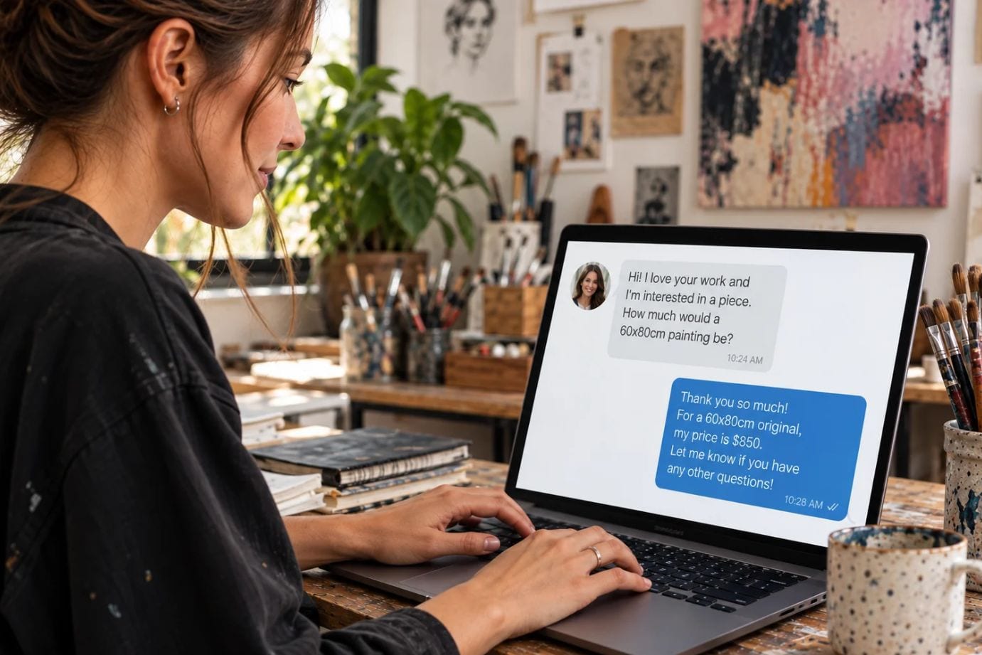 Artist responding to a collector's painting price inquiry through direct messages on a laptop.