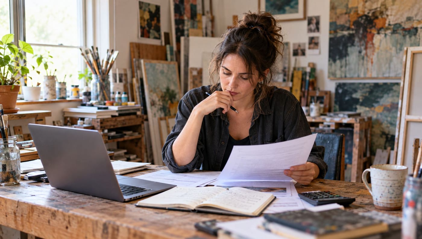 Female artist reviewing a residency application and project budget at her studio desk, surrounded by paintings and art supplies.
