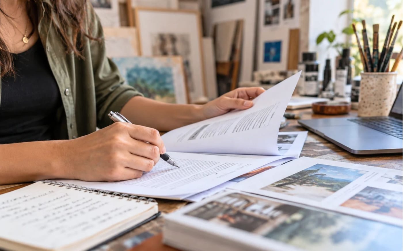 Artist reviewing residency application materials and program details in a working studio.