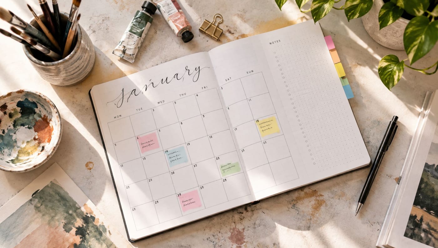 Open monthly planner with highlighted deadlines, paintbrushes and art supplies on an artist's studio desk.