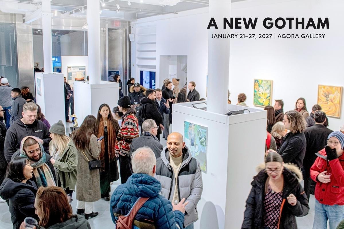 Visitors fill Agora Gallery in Chelsea, New York, during AGI Fine Art’s A New Gotham exhibition, where paintings are displayed on the walls and columns.